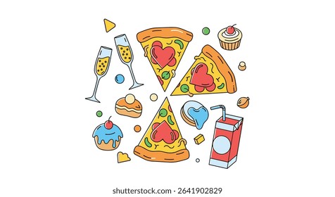 Hand Drawn Illustration Of Pizza Pastries Beverages And Some Delicious Foods