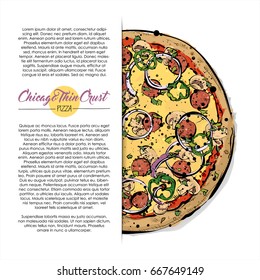 Hand drawn illustration of pizza. Place for your text. Vector collection.