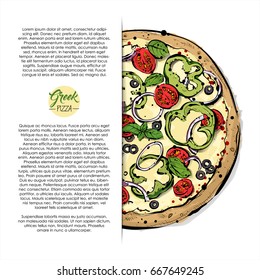 Hand drawn illustration of pizza. Place for your text. Vector collection.