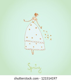 Hand drawn illustration and place for your text. Template with image of girl. Illustration set Four Seasons. Spring