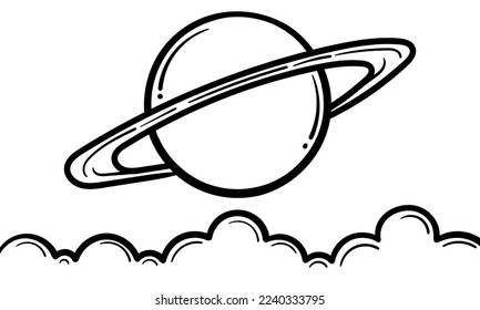 ilustración dibujada a mano del planeta saturn y nube sobre fondo blanco