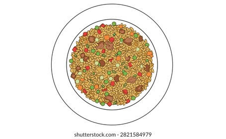 Hand drawn illustration of a plate of delicious chinese fried rice with colorful peas, carrots, and meat on a white background.