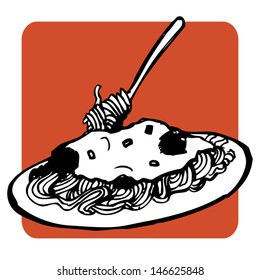 A hand drawn illustration of a plate of spaghetti and meatballs covered in tomato sauce or cheese. The line art has been separated from the colors.