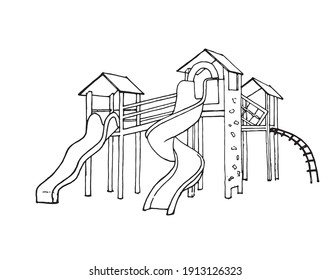 hand drawn illustration of playground kids,park,line drawing