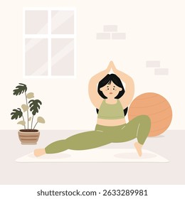 Hand drawn illustration of plus size woman doing yoga. Flat style concept of body positive girl