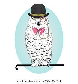 hand drawn illustration of polar owl in bowler hat, monocle and tie-bow sitting on walking stick, animal illustration, t-shirt print