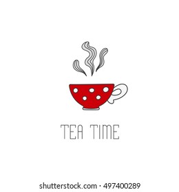 Hand drawn illustration of polka dot tea cup with tea. Tea time greeting card or invitation template for your design. Vector illustration of hand drawn sketch.