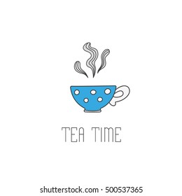 Hand drawn illustration of polka dot tea cup with tea. Tea time greeting card or invitation template for your design. Vector illustration of hand drawn sketch.