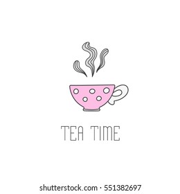 Hand drawn illustration of polka dot tea cup with tea. Tea time greeting card or invitation template for your design. Vector illustration of hand drawn sketch.