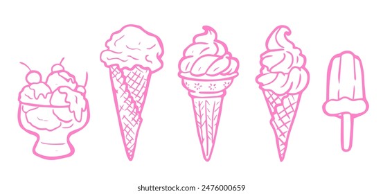 Ilustración dibujada a mano de paleta, y helado. Arte de línea simple aislado sobre fondo blanco. Postre y Elementos de verano.