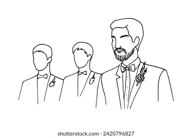 hand drawn illustration of a portrait of a bearded groom looking on as he awaits his bride's entrance, with his friends in suits standing behind him. groom at the altar - doodle style drawing