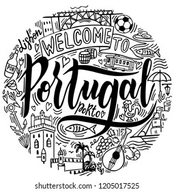 Hand drawn illustration of Portugal with lettering and symbols of the country. Portugal landscape.