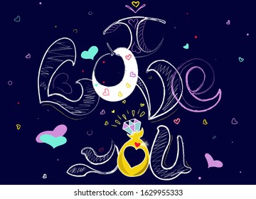Hand drawn illustration postcard 14 February. Valentine day vector illustration poster hearts. Phone case, laptop case, clothes prints, gifts. Chalk lettering calligraphy. I love yoy ring on dark blue
