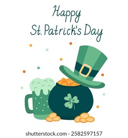 Hand drawn illustration with a pot of gold, leprechaun hat, beer mug, and festive lettering Happy St. Patrick’s Day for greeting cards, posters, and holiday decorations