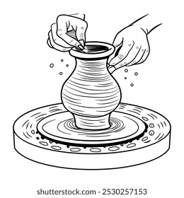 Hand drawn illustration of a potter shaping clay on a pottery wheel