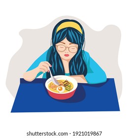 Hand drawn illustration with Pretty Girl Eating asian food. Young woman having lunch, dinner or breakfast. Flat cartoon illustration, concept of daily life.