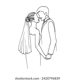 hand drawn illustration profile of the bride and groom standing next to each other face to face and smiling at each other, they are happy heterosexual couple in love at a wedding doodle style drawing