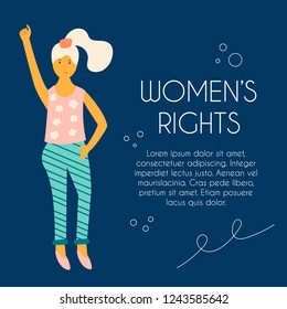 Hand drawn illustration of protesting young woman. Feminine concept and woman empowerment design. Banner with place for text