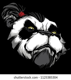 Hand drawn illustration of proud panda warrior on black background.
