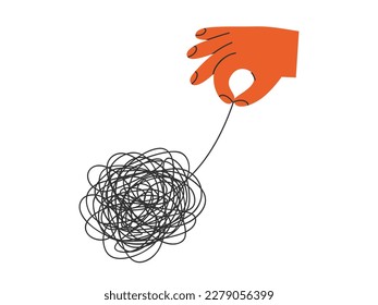 Hand drawn illustration of hand pull on tangled threads. Flat vector solve a difficult problem, help with negative emotions concept in doodle style. Solution, answer sticker, icon or print. Isolated.