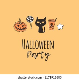 Hand drawn illustration pumpkin, cat, candy, cookie, drink and Quote. Creative ink art work. Actual vector drawing. Artistic isolated Halloween objects and text: Halloween Party