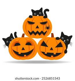 Hand drawn illustration of a pumpkin with cats for Halloween
