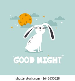 Hand drawn illustration with rabbit, stars and lettering. Colorful cute background vector. Good night, poster design. Backdrop with english text, animal, night sky. Funny card, phrase