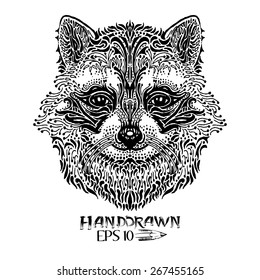 Hand drawn illustration of raccoon face in ethnic tribal style. EPS10