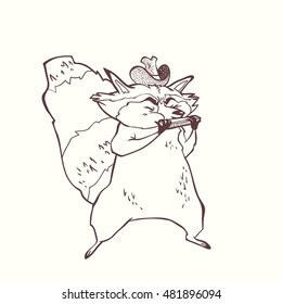 hand drawn illustration with raccoon playing the harmonica. cute cartoon character with musical instrument