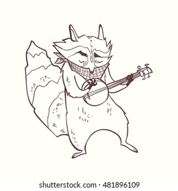hand drawn illustration with raccoon playing the banjo. cute cartoon character with musical instrument