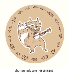 hand drawn illustration with raccoon playing the banjo. cute cartoon character with musical instrument