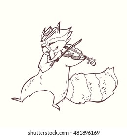 hand drawn illustration with raccoon playing the violin. cute cartoon character with musical instrument