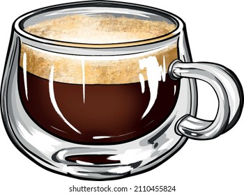hand drawn illustration of raff coffee in a glass mug. vector drawing of coffee in a beautiful mug. coffee with foam hand drawn drawing for cafe 
