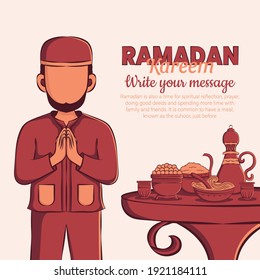 Hand drawn illustration of Ramadan Kareem Iftar party celebration. Islamic Holy Month 1442 H (Ramadan Mubarak). Can used for Greeting card, flyer, poster, banner. Vector illustration