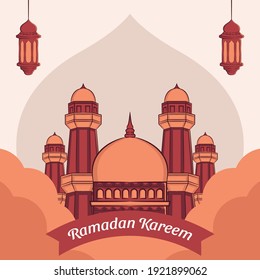 Hand drawn illustration of ramadan kareem or eid mubarak greeting concept in white background. Vector Illustration