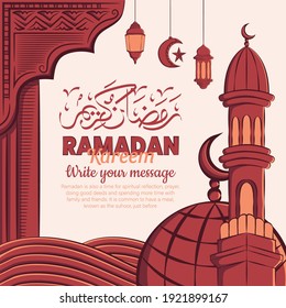 Hand drawn illustration of ramadan kareem or eid mubarak greeting concept in white background. Vector Illustration