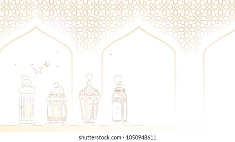 Hand Drawn Illustration of Ramadan Lanterns with Golden Lights on White Background. Vector Illustration Hand Drawn Illustration of Ramadan Lanterns with Golden Lights on White Background. Vector Illustration