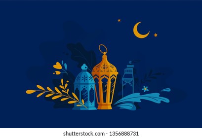 Hand Drawn Illustration of Ramadan Lanterns with Floral Elements on Dark Blue Background. Vector Illustration