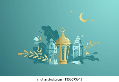 Hand Drawn Illustration of Ramadan Lanterns with Floral Elements. Gold and blue colors. Vector Illustration