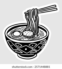 Hand drawn illustration of ramen noodles in a bowl filled with soup in black and white line style