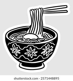 Hand drawn illustration of ramen noodles in a bowl filled with soup in black and white line style