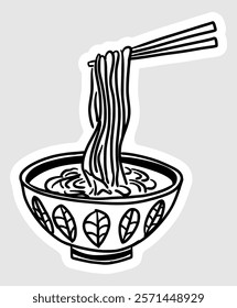 Hand drawn illustration of ramen noodles in a bowl filled with soup in black and white line style