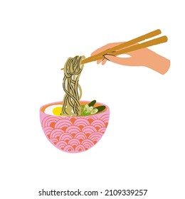 Hand drawn illustration of ramen soup and hand holding chopsticks with noodles isolated on white background. Asian Japanese traditional food cuisine. Flat style clip art, menu, poster, print, banner