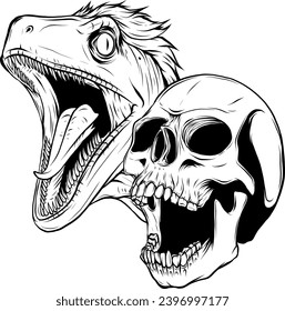 Hand drawn illustration of a raptor dinosaur