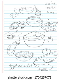 Hand drawn illustration of a recipe for eggplant salad and mashed beans, doodles and handwritten texts over an agenda page