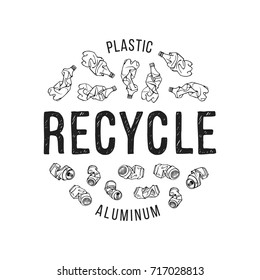 Hand drawn illustration of recyclable materials. Plastic and aluminum trash