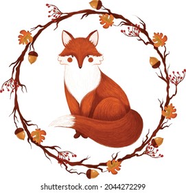 Hand drawn illustration of red fox in frame of autumn leaves, acorns, red berries. Vector autumn illustration on white background. Autumn frame.