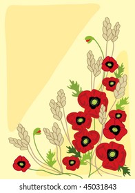 hand drawn illustration of red poppies and golden wheat with green leaves on a pale yellow background