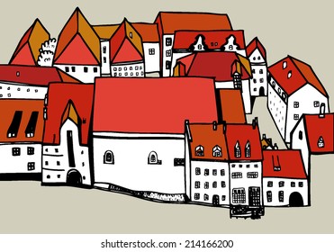 Hand Drawn Illustration with Red Roofs.  Riga. Museum.