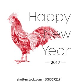 Hand drawn illustration of red rooster, symbol of 2017 on the Chinese calendar. Vector element for New Year's design. Graphic illustration, retro porter or design cover.